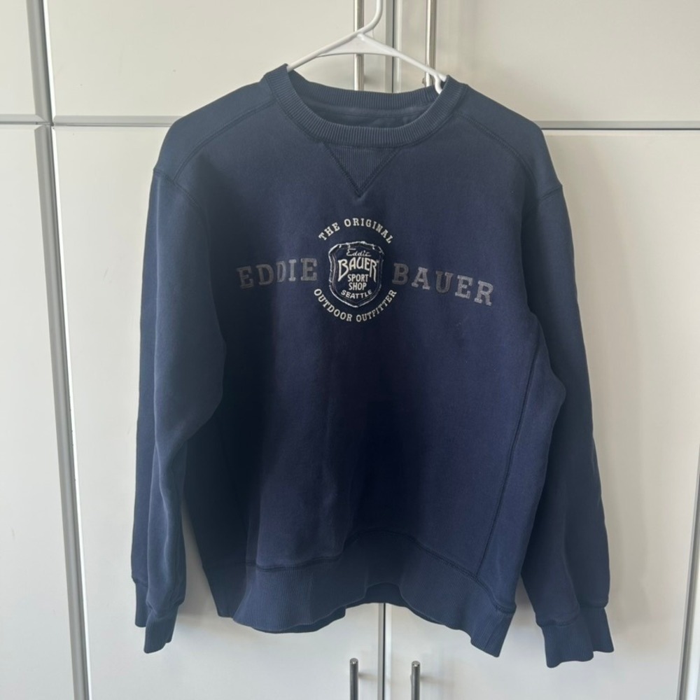 Eddie Bauer Sport Shop Mens Medium Navy Blue Graphic Crewneck Sweatshirt Seattle